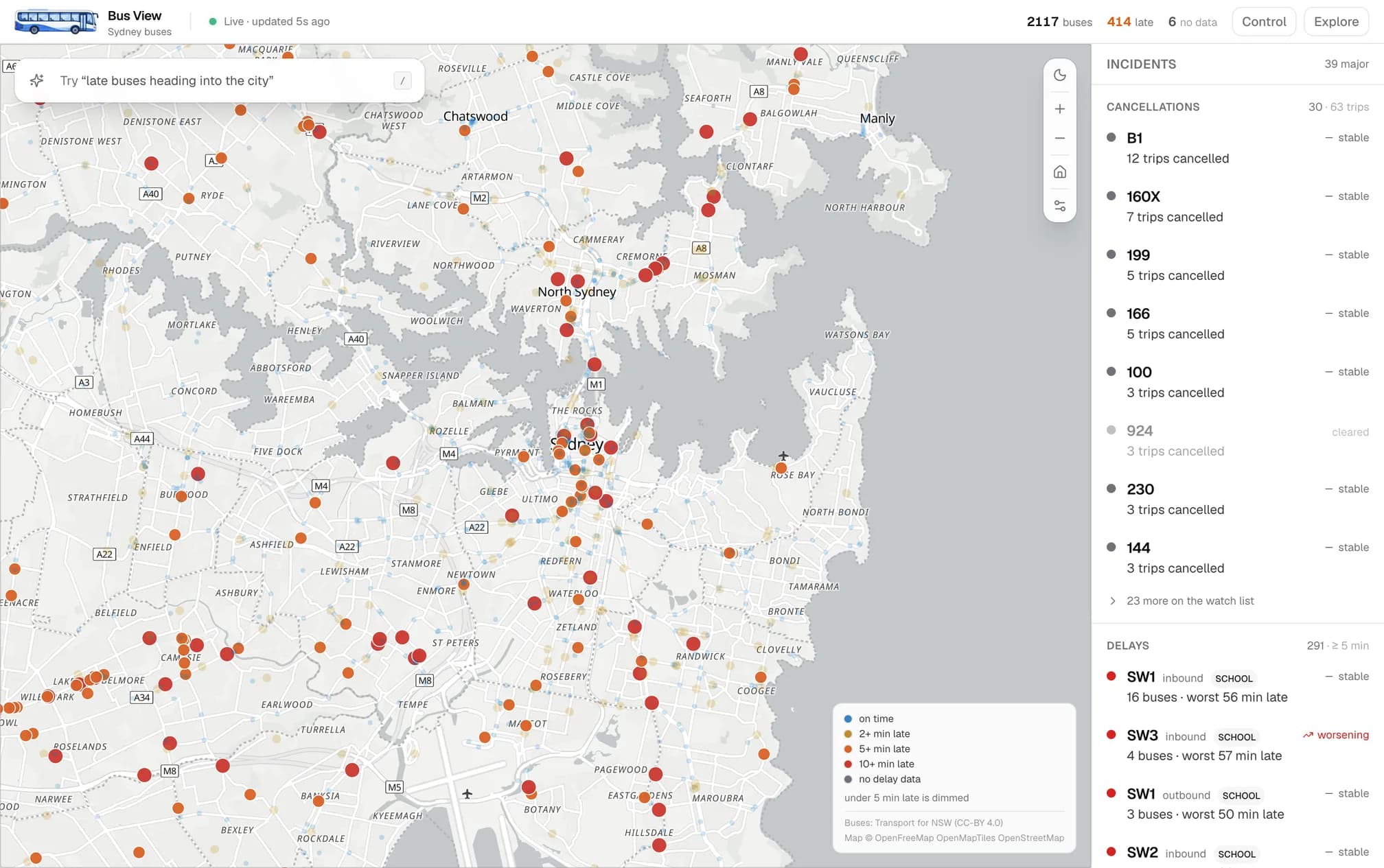 Bus View in Control mode: a map of Sydney with on-time buses dimmed and late buses in orange and red, an incident panel on the right listing cancellations and delays by route