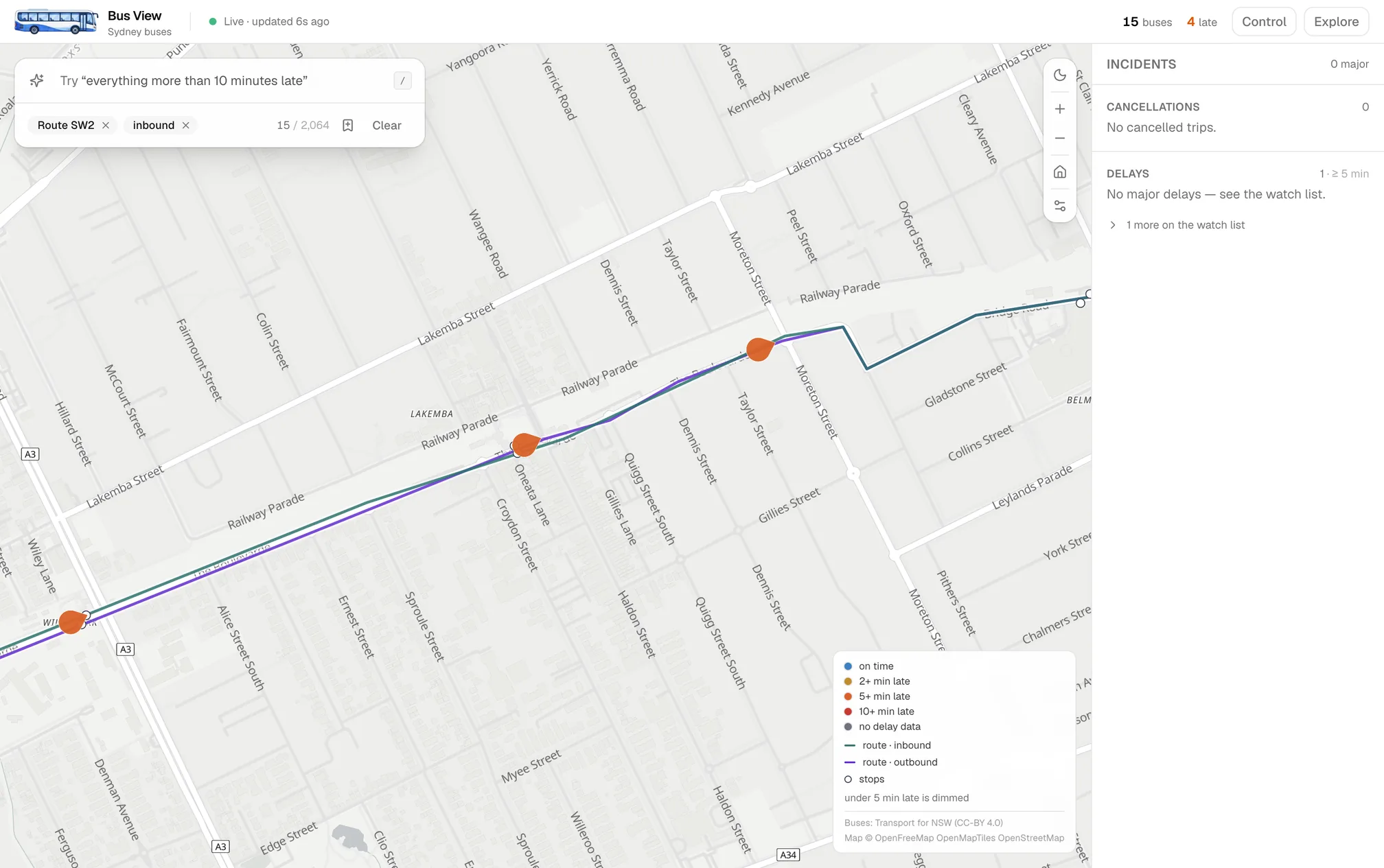 Bus View zoomed to street level on one route: the route line drawn along Railway Parade with three late buses on it, filter chips reading Route SW2 and inbound, and a count of 15 of 2,064 buses